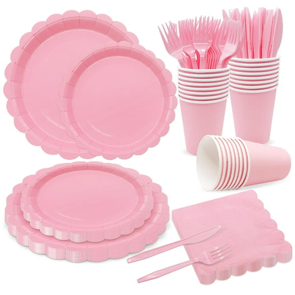 144Pcs Pink BirthdayEGSCParty Supplies Pink Party Tableware Set Serve 24 Guests Includes Pink Dinner Plates Cups Napkins For Wedding Baby Shower Sweet Birthday Party Decorations