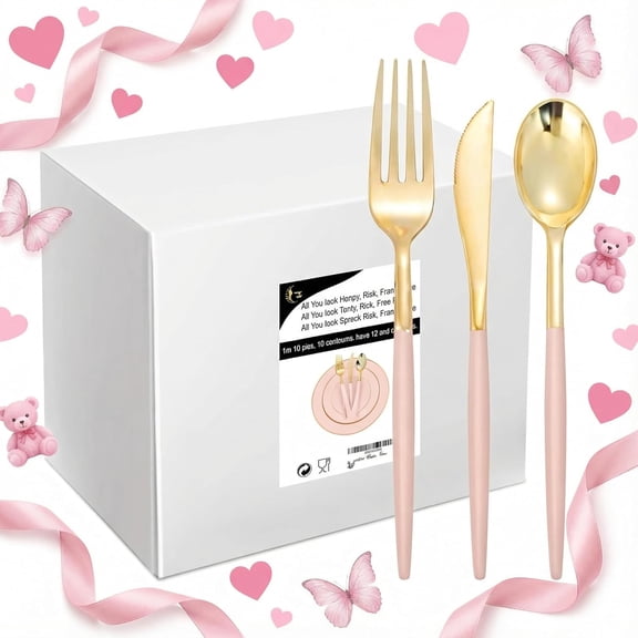 144Pcs Pink Plastic Silverware, Gold Disposable Flatware with Pink Handle, Gold Plastic Cutlery Set Includes: 48 Forks, 48 Knives and 48 Spoons Perfect for Party & Wedding