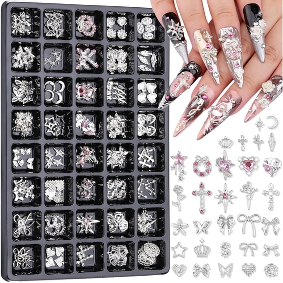 144Pcs Silver Nail Charms and Gems, 3D Metal Heart Star Cross Pink Nail Rhinestones and Charms, Y2K Moon Flower Bow Studs Jewelry, Goth Junk Charm for Nails Design DIY Crsfts