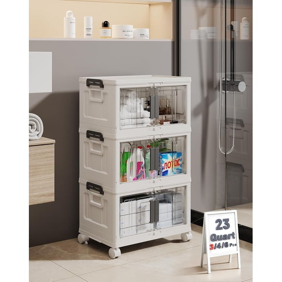144QT Lockable Storage Bins with Lids - Folding Storage Cabinet with Doors and Wheels, Collapsible Plastic Box for Closets, Office, Stackable Organizer and Containers, Gifts, 3 Pack Cubes