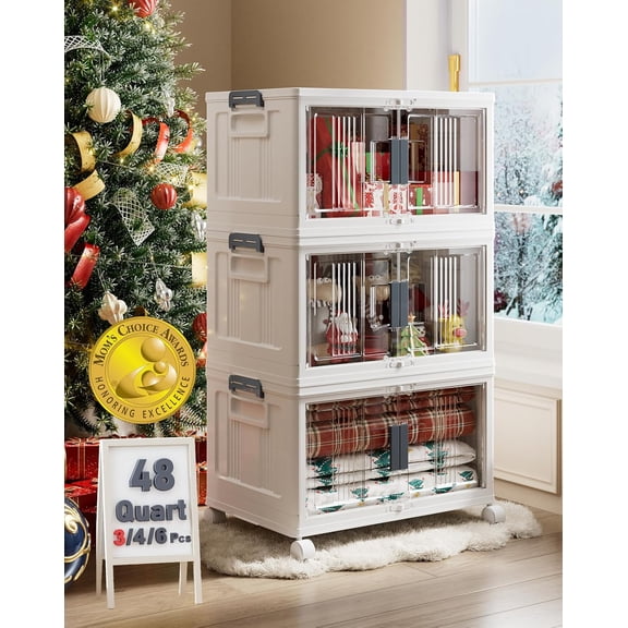 MY 144QT Lockable Storage Bins with Lids - Folding Storage box with Doors and Wheels, Collapsible Plastic Bins for Closets, Stackable Organizer and Containers, Christmas Gifts, 3 Pack Cubes