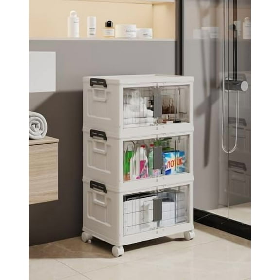 144QT Lockable Storage Bins with Lids - Folding Storage box with Doors and Wheels, Collapsible Plastic Bins for Closets, Stackable Organizer and Containers, Christmas Gifts, 3 Pack Cubes