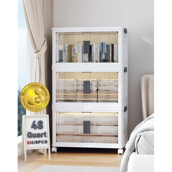 144QT Lockable Storage Bins with Lids - Folding Storage box with Doors and Wheels, Collapsible Plastic Bins for Closets, Stackable Organizer and Containers, Gifts, 3 Pack Cubes