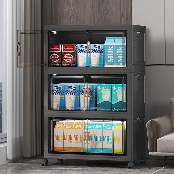144QT Lockable Storage Bins with Lids - Stackable Storage Cabinet with Doors and Wheels, Collapsible Plastic Organizer and Containers for Closets, Office, 3 Pack Cubes