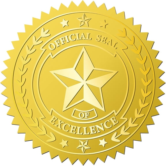 144pcs 2 Inch Official Seal of Excellence Stickers Gold Embossed Envelope Seals Stickers Star Gold Foil Stickers Certificate Seals Medal Decoration Label for Greeting Cards Gift Packaging Gold