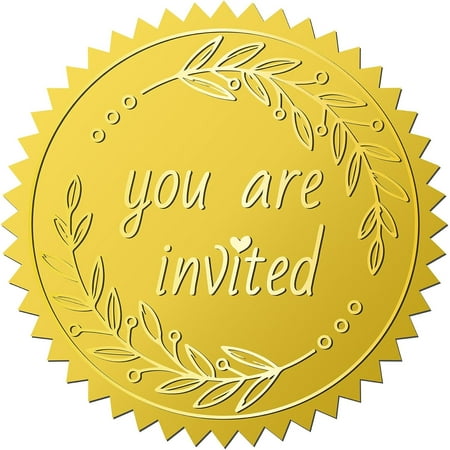 144pcs 2 Inch You are Invited Gold Embossed Envelope Seals Stickers Word Leaf Gold Foil Stickers Certificate Seals Self Adhesive Medal Decoration Label DIY