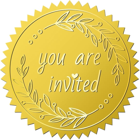 144pcs 2 Inch You are Invited Gold Embossed Envelope Seals Stickers Word Leaf Gold Foil Stickers Certificate Seals Self Adhesive Medal Decoration Label DIY