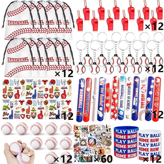 144pcs Baseball Party Favors, 12 Set Goodie Bag, 12 Mini Stress Balls, 60 Baseball Stickers, 12 Rubber Bracelets, 12 Keychain, 12 Tattoo Stickers, 12 Slap Bracelets, 12 Whistle