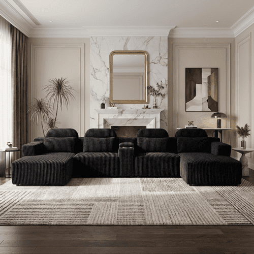 145.7 Inch Oversized U-Shaped Modular Sectional Sofa with Lounge Chaise, Cup Holders & Hidden Storage - Compression Sofa for Home Theater & Luxury Living Room, Black