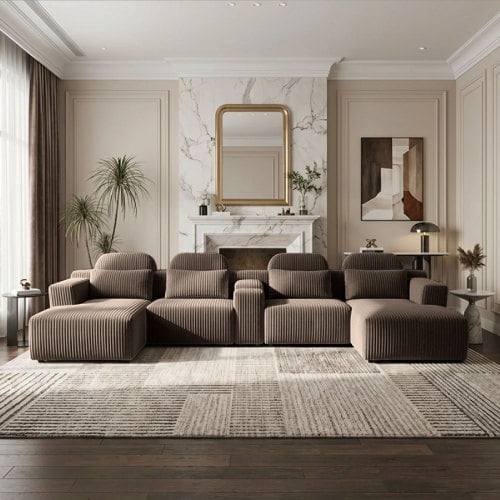 145.7 Inch Oversized U-Shaped Modular Sectional Sofa with Lounge Chaise, Cup Holders & Hidden Storage - Compression Sofa for Home Theater & Luxury Living Room, Coffee