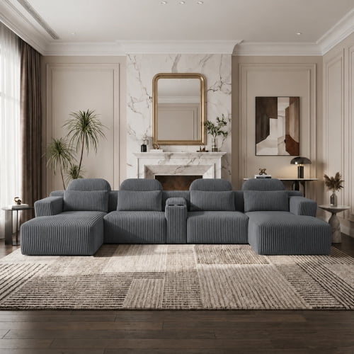 145.7 Inch Oversized U-Shaped Modular Sectional Sofa with Lounge Chaise, Cup Holders & Hidden Storage - Compression Sofa for Home Theater & Luxury Living Room, Dark Gray