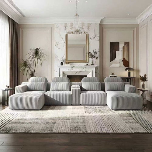 145.7 Inch Oversized U-Shaped Modular Sectional Sofa with Lounge Chaise, Cup Holders & Hidden Storage - Compression Sofa for Home Theater & Luxury Living Room, Gray