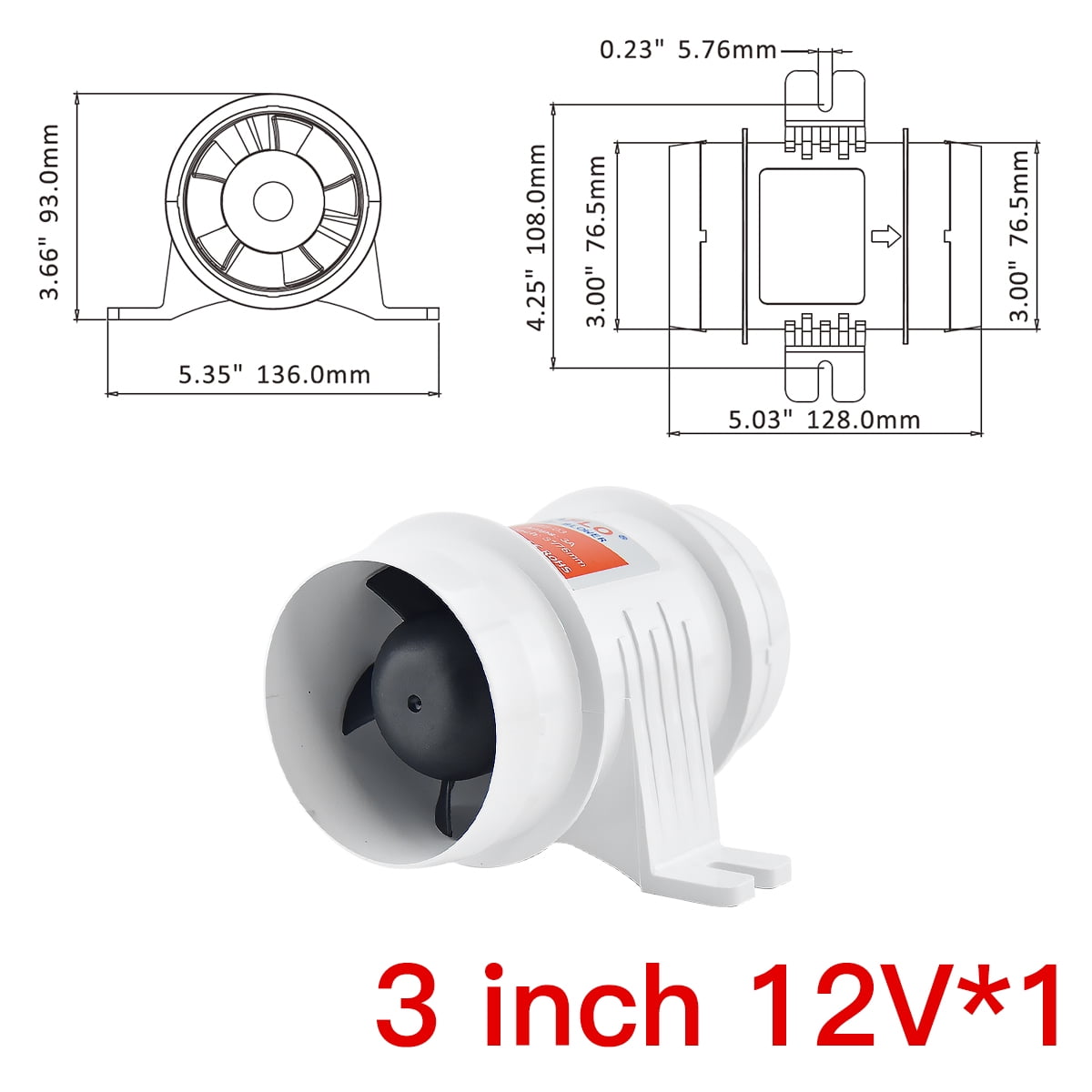 145 CFM - Straight Flow Inline Bilge Fan, Engine Room Accessory, 3 Inch ...
