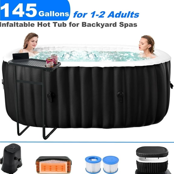 145 Gallon Inflatable Hot Tub 2 Person Oval with Control Panel, Portable Outdoor AirJet Hot Tub Spa with 90 Bubble Jets, Filter, Insulated Tub Cover and Side Table, Temperature up to 104°F