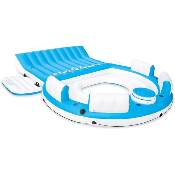 145" Inflatable Pool Float Island Lounger Seat Holds 7 Adults, with Cooler Cup Holders Boarding Platforms Repair Kit