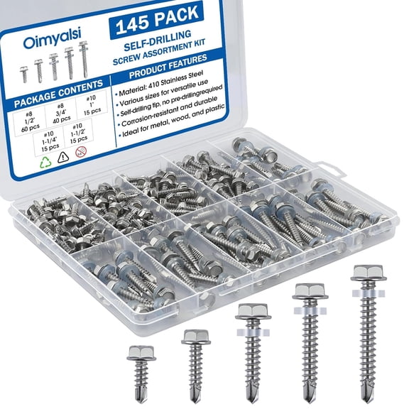 145 PCS Self Tapping Screws for Metal  410 Stainless Steel Self Drilling Screws Kit, Multiple Sizes (#10 with Washers), Hex Head, Rust-Resistant for Wood, Plastic, Roofing, DIY Projects