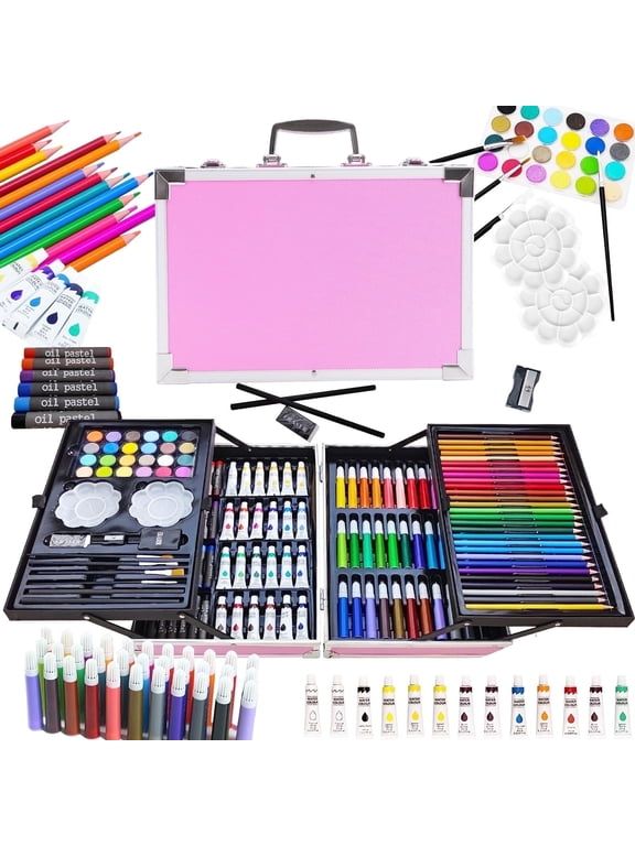 145 Pcs Art Set for Painting Coloring Drawing,Deluxe Portable Double Layers Aluminum Gift Box(Pink),Art Supplies for Girls Boys-Includes Color Pencils,Art Kit