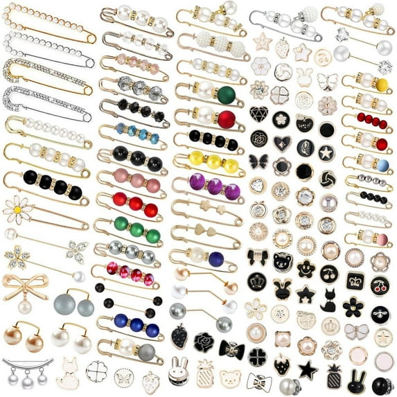 145 Pcs Brooch Pins, Sweater Shawl Hat Clip Neckline Pins Double Faux Pearl Brooches for Women Fashion Cover Up Buttons Clothing Dress Decoration Accessories Pant Waist Tightener Safety Pins