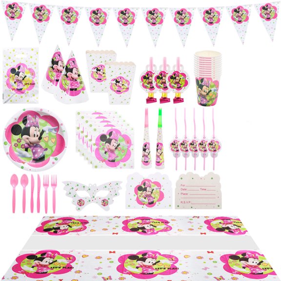 145 Pcs Minnie Mickey Anime Cartoon Birthday Party Supplies, Disposable Tableware & Decor