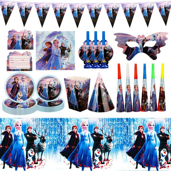 145 Pcs Snow Elsa Queen Anna Anime Cartoon Birthday Party Supplies, Disposable Tableware & Decor