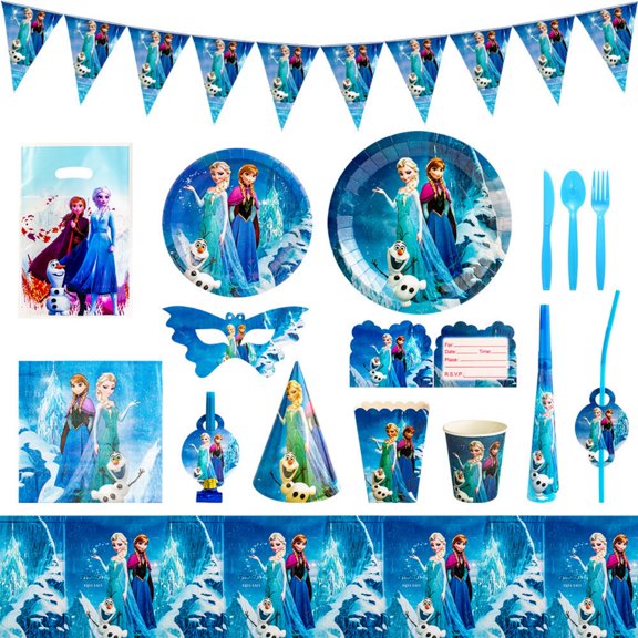 145 Pcs Snow Elsa Queen Anna Anime Cartoon Birthday Party Supplies, Disposable Tableware & Decor