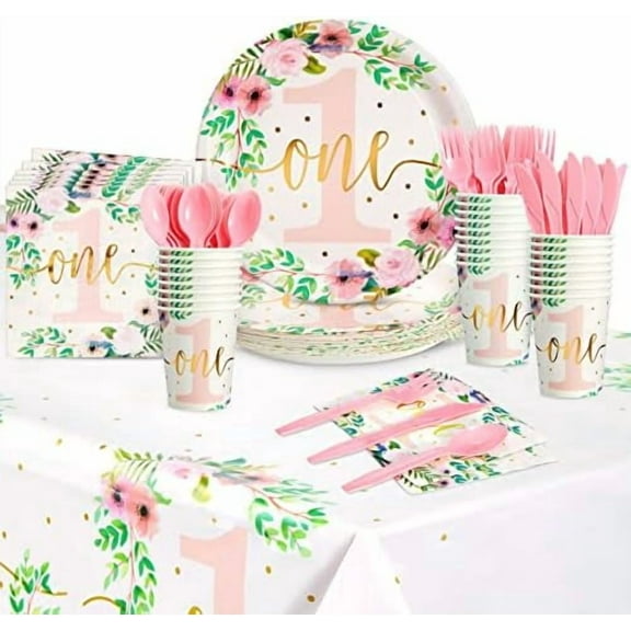 145-Piece 1st Girl Birthday Decor Set - Pink Floral Tableware & Tablecloth, Serves 24 - Baby Girl 1st Birthday Party Plates & Easy Cleanup Tableware