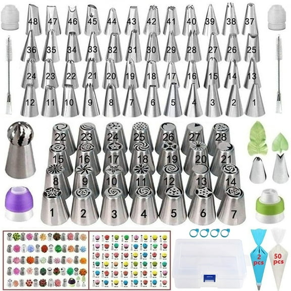 145-Piece Cake Framing Tools Set for Decorating and Baking - 28 Large Numbered Icing Tips, 45 Numbered Icing Tips(small size),52 Pastry Bags,1 Ball Tip, 2 Leaf Tips(small),6 Iicing Bag Clips, 2