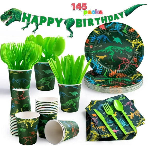 145 Piece Dinosaur Birthday Party Supplies with Trex Banner, 24 Serves dinosaur Disposable Tableware Set with Plates, Cups, Napkins, and Cutlery Sets for Dinosaur Themes Party Kids Years