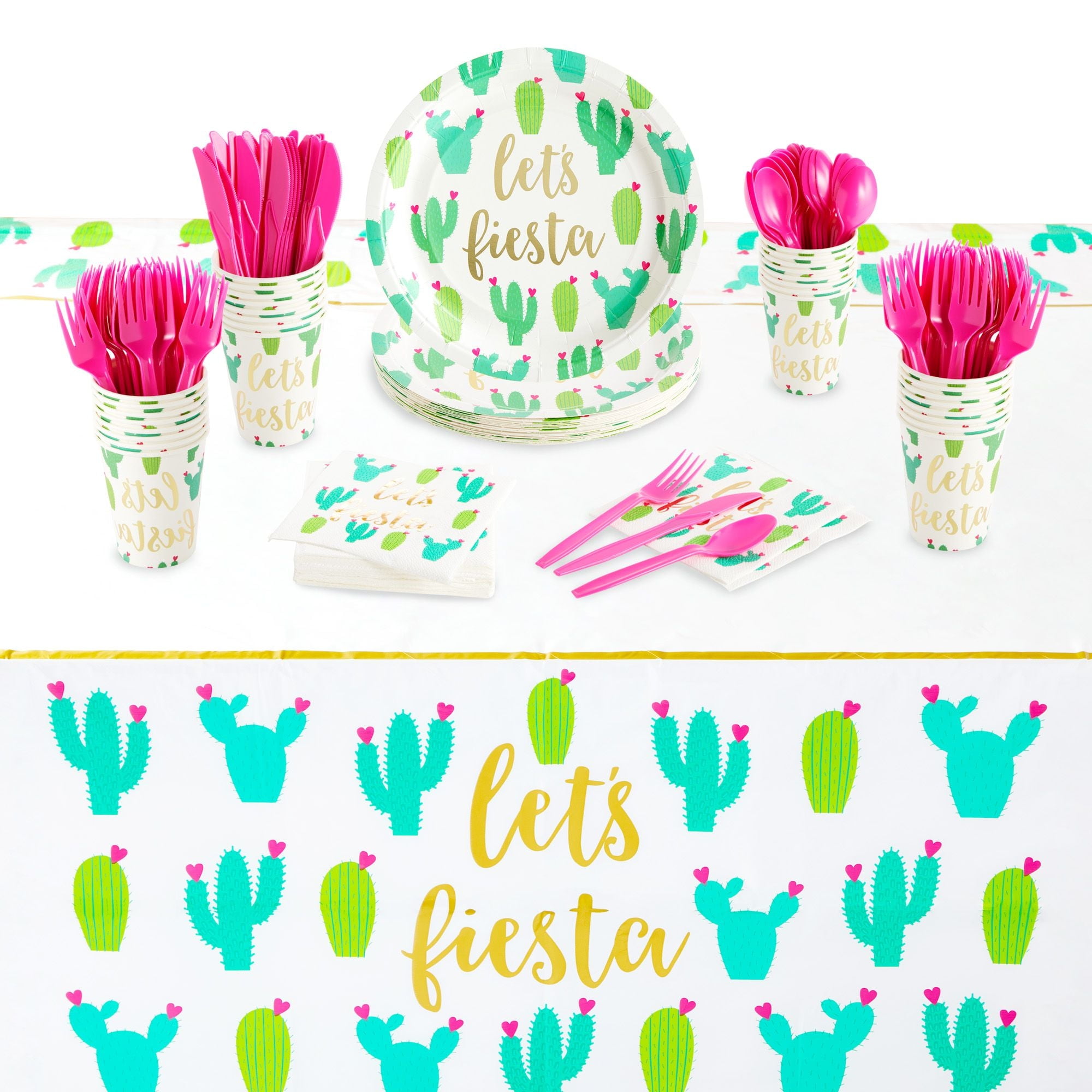 SPARKLE AND BASH 145 Pieces Let's Fiesta Party Supplies, Cactus Plates, Napkins, Cups, Cutlery, Tablecloth for Birthday, Bachelorette Decorations (Serves 24)