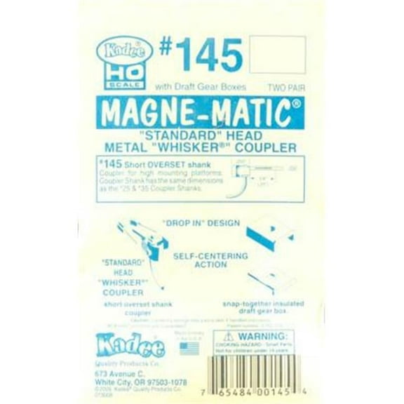 Kadee 145 HO Scale #145 Whisker(R) Self-Centering Metal Knuckle Couplers - Kit - Magne-Matic(R) -- Short 1/4" Overset Shank w/#242 Draft Gear Boxes - 2 Pairs