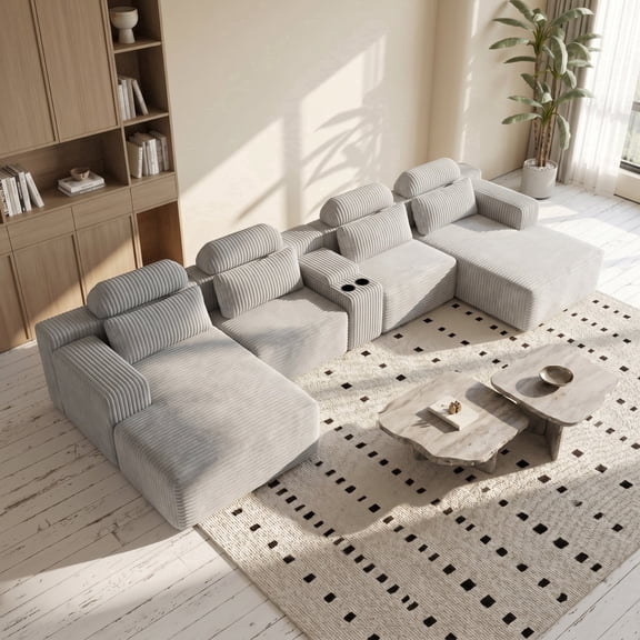 HUACANORA 145" U Shaped Boneless Couch with USB and 2 Cup Holder, Oversized Corduroy Modular Sectional Sofa with Chaises & Console, Deept Seat Cloud Couches for Living Room, Grey
