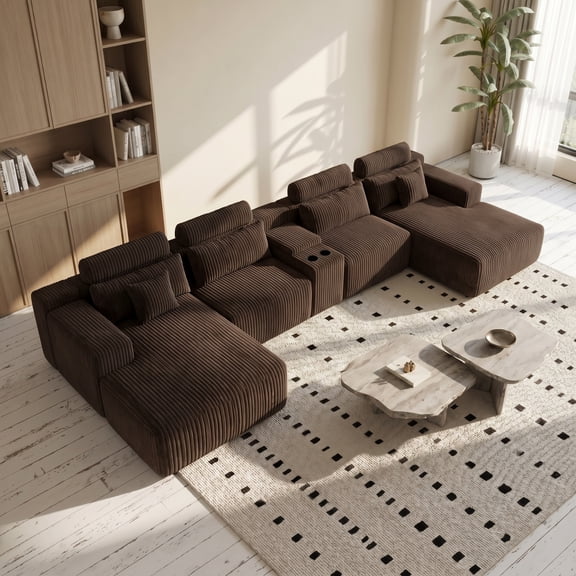 145" U Shaped Boneless Couch with USB and 2 Cup Holder, Oversized Corduroy Modular Sectional Sofa with Chaises & Console, Deept Seat Cloud Couches for Living Room, No Assembly Required, Brown