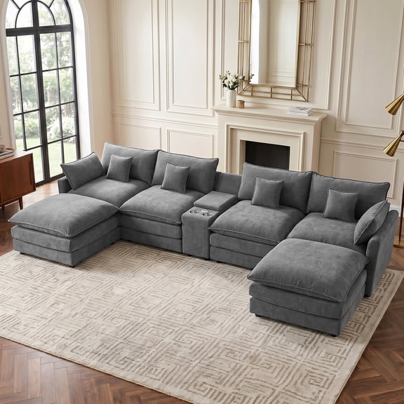HYJT-H&K Contemporary Corduroy 6-Seat and Oversized U-Shaped Modular Sectional Cloud Couch with Hidden Storage Console and Cup Holders, Gray