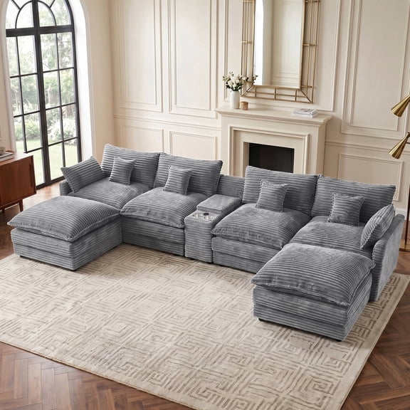 HUACANORA Contemporary Corduroy 6-Seat and Oversized U-Shaped Modular Sectional Cloud Couch with Hidden Storage Console and Cup Holders, Light Gray