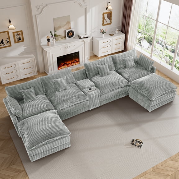 145" U-Shaped Modular Sectional Cloud Couch, Oversized 6-Seat Corduroy Sofa with Hidden Storage Central Console & USB Charging Ports, Light Gray