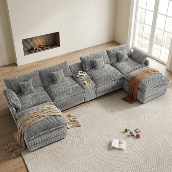 HUACANORA 145" U Shaped Sectional Couch with USB and 2 Cup Holder, Oversized Corduroy Modular Sectional Sofa with 2 Ottomans ＆ Console, Deept Seat Cloud Couches for Living Room, Light Grey