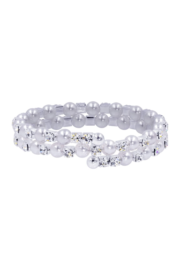 #14541 - Double Wraparound Coil Rhinestone and Pearl Bracelet