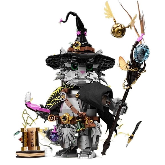 1458PCS Fantasy Wizard Cat Magic Scene Building Blocks Medieval Mage Kitten Decor Model Kit with Magic Staff & Full Wizard Themed Props, Ages 12+