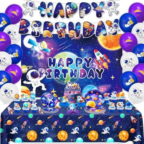 145Pcs Space Decoration Solar System Tableware Set Serves 20 Guests Astronauts Tablecloth Plates Cutlery Birthday Banner Balloons Space Birthday Decorations$$Home Decor, Kitchen, & Other