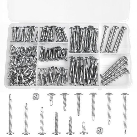 145pcs #8 Self Tapping Screws for Metal - 410 Stainless Steel Sheet Metal Screws Kit (6 Sizes: 1/2" to 2"), Modified Truss Head, Rust-Resistant
