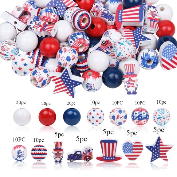145pcs American Independence Day Wooden Beads Set, Multiple Styles of Patriotic Beads -Vibrant Red White Blue Colors, Ideal for DIY Jewelry Making, Bracelets Tiered Tray Decor, 4th Of July Essentials