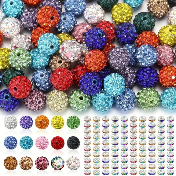 145pcs Rhinestone Beads 10mm, Funtopia Sparkle Crystal Clay Beads, Disco Ball Beads Set for Jewelry Making, Colorful Bling Beads with Charms Spacer Beads for Bracelet Necklace Earring Crafting