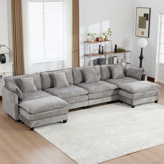 146.5” Gray Modular Sofa, 4 Seater U Shaped Chenille Sectional for Living Room, Cloud Couch with Ottoman, Sofá moderno