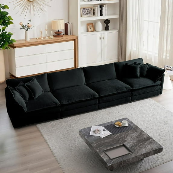 146.5" Modular Sectional Sofa,Comfy 4 Seater Chenille Cloud Couch with 5 Pillows,L Shaped Sectional Couches for Living Room,Apartment,Office,White