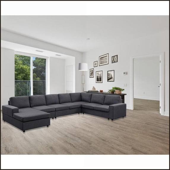 146.5” Modular Sectional Sofa with Reversible Chaise – Dark Gray Linen Modern Living Room | Dark Gray | Linen | Square Arms