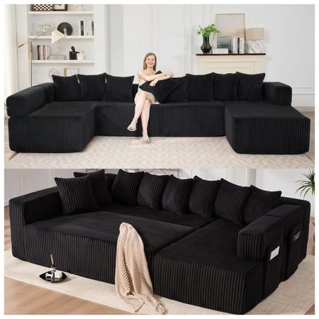 SOULART "146" L / U Shaped Sectional Sofa Bed, Modular Corduroy Cloud Couch Black Oversized Boneless Sofa Sleeper , 5-Seater 8 Pillows, No Assembly,Free Combination, Includes Magazine Bag