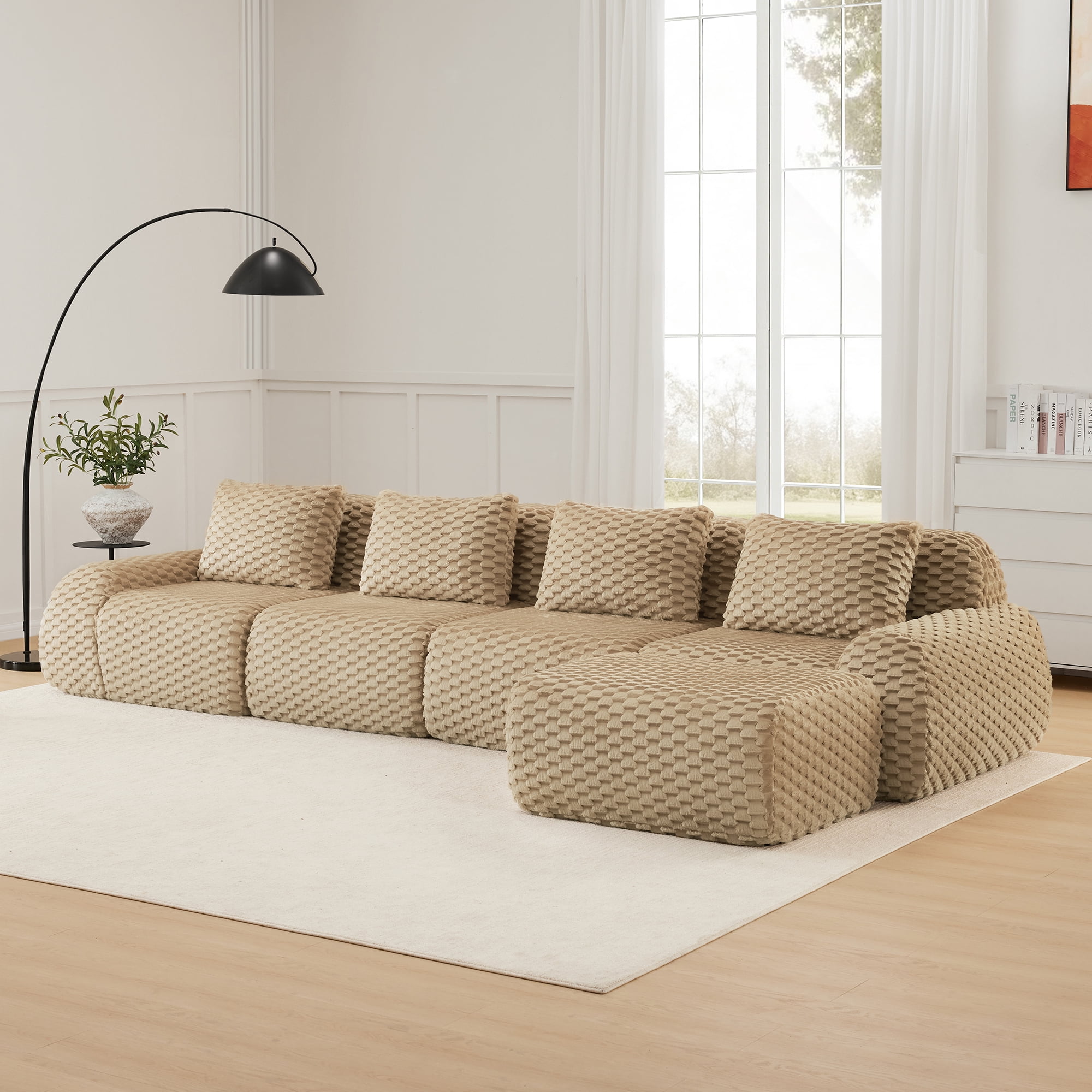 146" Light Camel Flannelette L-Shaped Modular Sectional Sofa, Oversized ...
