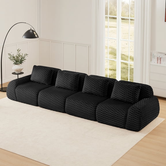 146" Modern Modular Sectional Sofa for Living Room, Oversized 4-Seater Deep Seat Couch with Textured Flannelette Fabric, Boneless No-Assembly Design, Buckle Connection and Anti-Slip Base (Black)