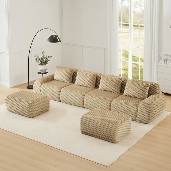 146" Modern U-Shaped Modular Sectional Sofa for Living Room,Flannelette Fabric,Oversized 4-Seater Couch,boneless sofa ,Movable Ottoman,Buckle connection,Anti-slip Design,No Assembly,Light Camel