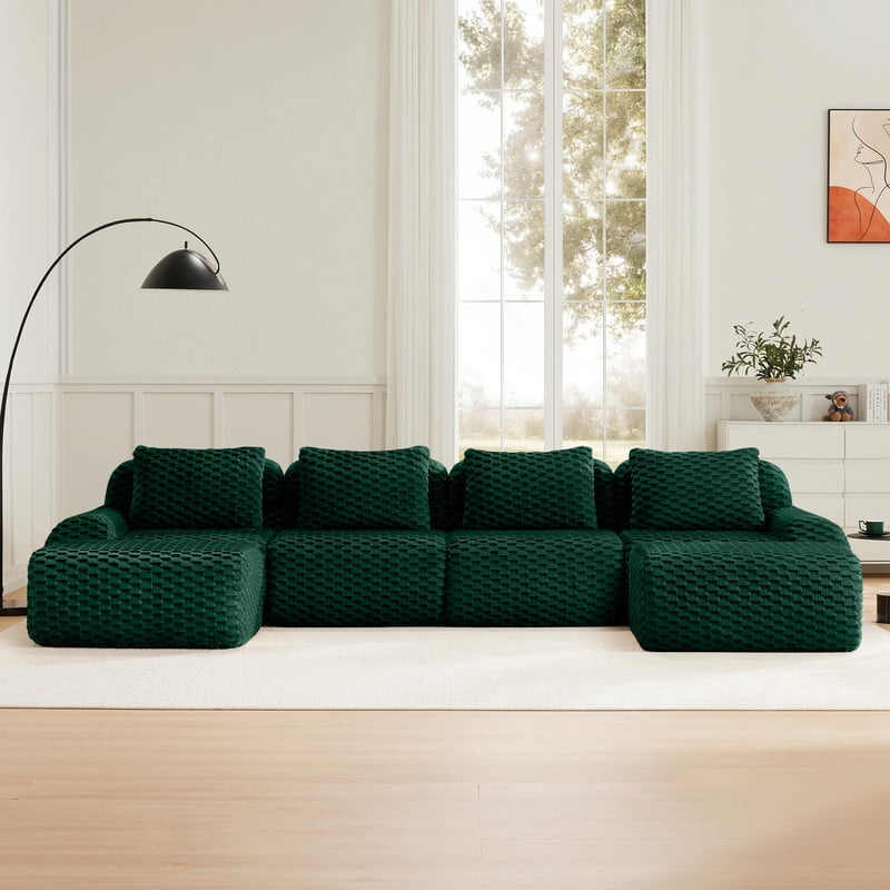 146" Modern U-Shaped Modular Sectional Sofa for Living Room,Flannelette Fabric,Oversized 4-Seater Couch,boneless sofa ,Movable Ottoman,Buckle connection,Anti-slip Design,No Assembly,Green